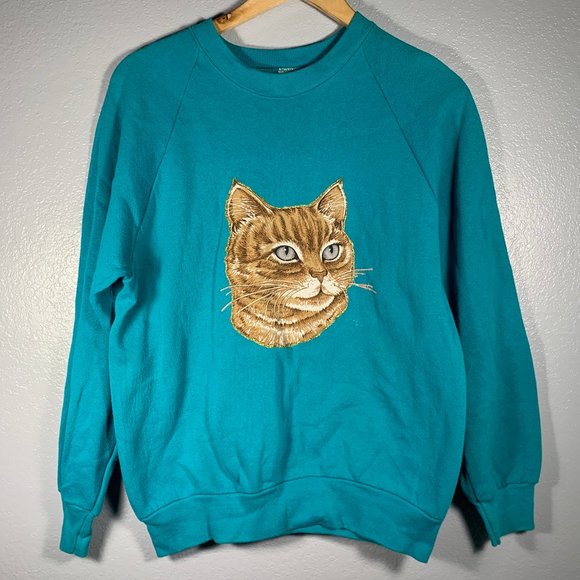 Fruit of the Loom Other - Vintage Tan Cat Teal Sweatshirt